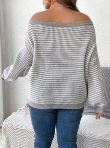SHEIN LUNE Áo len sọc in họa tiết lệch vai màu tương phản cỡ lớn cho mùa thu - Nhiều màu - Xem 2
