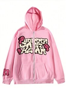 Manfinity Dauomo Men's Contrast Color Letter Print Zip Up Hooded Sweatshirt, For Fall, Long Sleeve Top - Pink - View 3