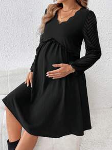 SHEIN Pregnant Women V-Neck Shell Trim Long Sleeve Dress, For Maternity
