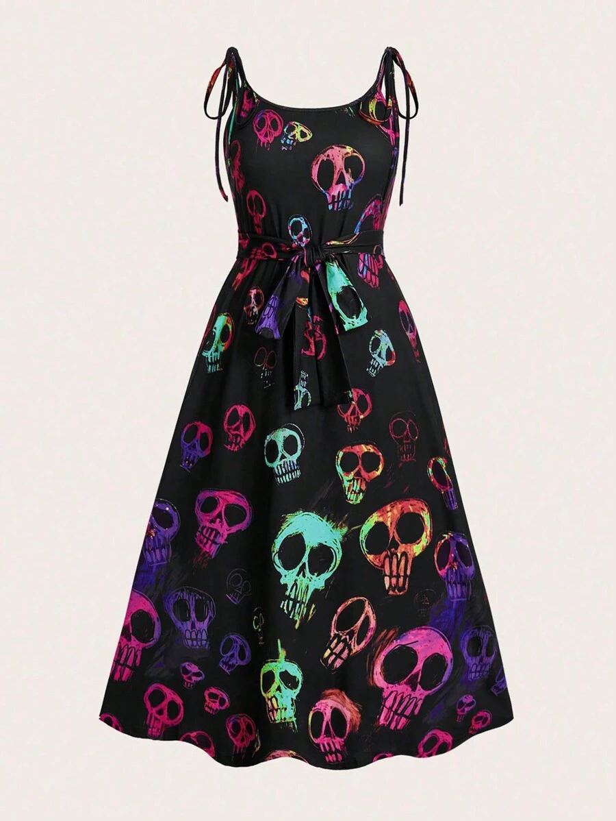 Flirla Plus Size Skull Print Sleeveless Casual Dress - Baby Blue - View 1