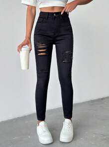 RueChic BLACK DESTROYED SKINNY HIGH WAIST JEANS