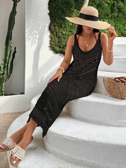 EURMUSE V Neck Ajour Midi Dress With Straps