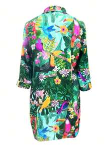 Camisa de manga larga y falda estampada con flores, pájaros y plantas, adecuada para vacaciones en la playa, ropa de mujer de talla grande