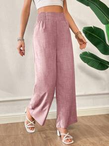 SHEIN Essnce 夏季裤子女士条纹抽绳腰直筒宽松休闲裤 - 粉色 - 查看 5
