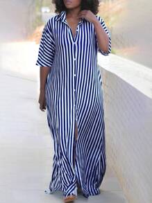 大码女式条纹印花衬衫裙，休闲夏季优雅款 - 藍色 - 查看 4