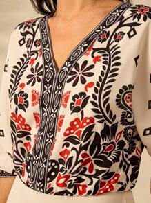 CAJUNI 女式波西米亚风热带植物与杜鹃花印花 V 领露背杏色休闲沙滩紧身衣，夏季 - 彩色 - 查看 6