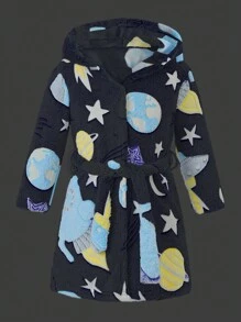 Young Boys Comfortable Warm Glow-In-The-Dark Space & Stars Pattern Plush Robe - Blue - View 1