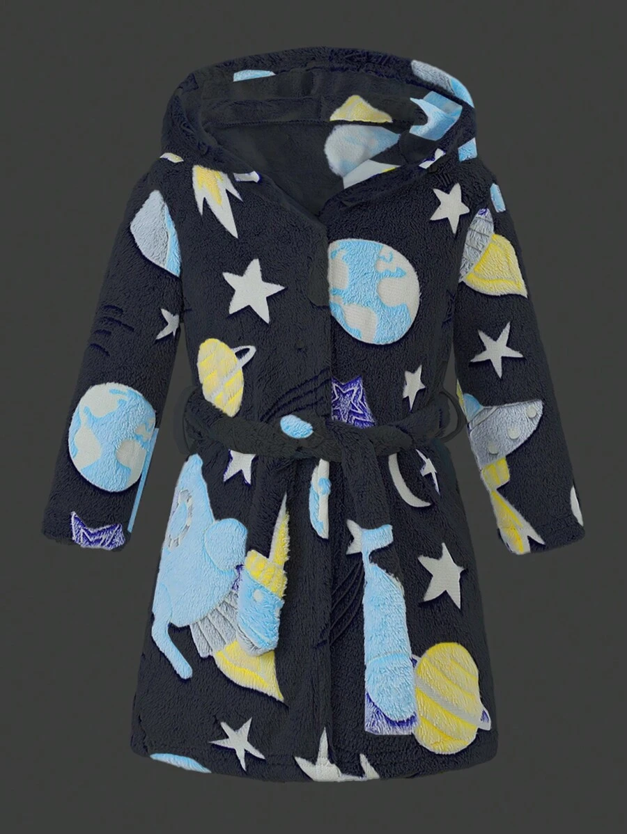 Young Boys Comfortable Warm Glow-In-The-Dark Space & Stars Pattern Plush Robe - Blue - View 1