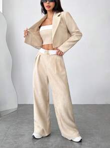 SHEIN EZwear Contrast Color Strapless Top + Long Sleeve Blazer + Stripe Printed Pocket Pants, Women Suit Set - Black and White - View 6