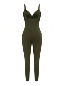 SHEIN Unity 女士纯色纽扣装饰无袖修身连体裤，夏季