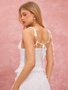 Enchnt Camiseta sin mangas con recogido y lazo delantero en unicolor para mujer - Blanco - Ver 2