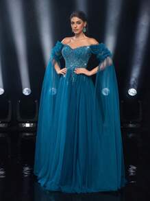 Glamrae Elegant And Gorgeous Navy Blue Asymmetrical Neck Off-Shoulder Floating Sleeves Chiffon Bone Bodice With Herringbone Stitching With Luxurious Handmade Sequins And Tulle Hem. Suitable For Weddings, Parties, Graduations, Proms And Formal Occasion Evening Gowns (Heavy Work Style), Long Sleeve Dress, For Wedding Guest, Dinner Party Dress - Navy Blue - View 8