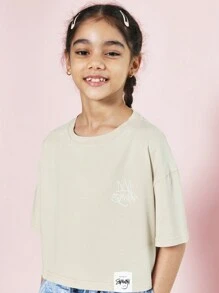 SUMWON Camiseta de niña preadolescente con hombros caídos, ajuste recortado, lavada, con estampado gráfico de graffiti y ángel
