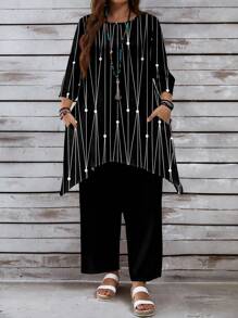 EMERY ROSE Plus Size Black & White Artistic Line Print 3/4 Sleeve Loose Pants 2Pcs Set, Suitable For Autumn/Winter