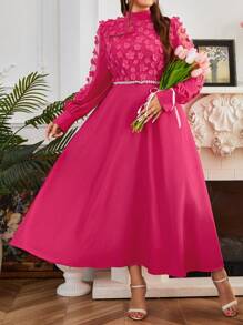 SHEIN Clasi Plus Size Solid Color 3D Floral Decor Stand Collar Long Sleeve Minimalist Dress Maxi Women Outfit - Hot Pink - View 4