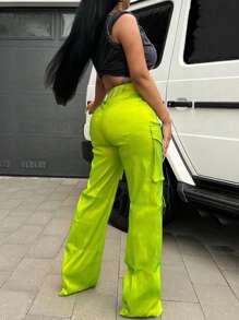 Pantalones de Mujer Botón Bolsillo Cremallera Liso Casual - Verde Lima - Ver 2