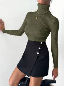 EURMUSE Women's Solid Color Simple Daily High Collar Long Sleeve Cardigan - Army Green - View 4