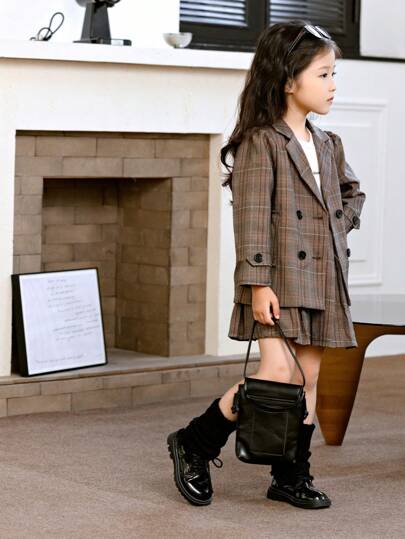 SHEIN Genkimix Kids 年轻女孩长袖西装外套和百褶裙两件套