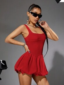 SHEIN ICON 紧身荷叶边下摆吊带背心连衣裙 - 紅色 - 查看 6