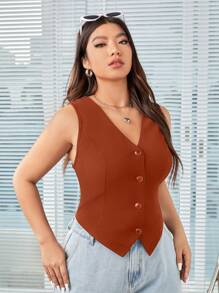 SHEIN EZwear Chaleco de traje de unicolor sin mangas para mujer de talla grande - Rosa Oxidada - Ver 5