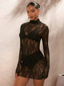 Opulessa Women's Vacation Lace Collar Long Sleeve Fitted Sexy Sheer Dress, Suitable For Going Out, Concert, Party, Club Outfits, Date, Night Out,Vacation ,Beach  Outfits,Garden Wedding Guest Dress, Elegant Dress For Women, Concert, Party, Club Outfits, Valentine's Day ,Graduation Outfit, Mother's Day,For Autumn And Winter - Black - View 5