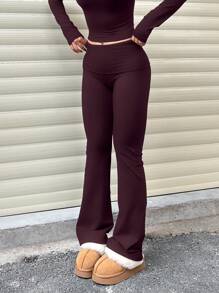 Women's Casual Solid Color Wide-Waist Flare Pants, Leggings Fold-Over Waist High Waist Ruched Slim Fit