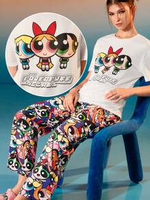 THE POWERPUFF GIRLS X SHEIN Summer White T-Shirt & Trousers Pajama Set, Basic Cute Style, Cartoon Style Pattern - White - View 3