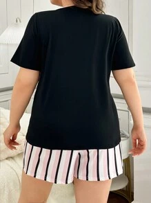 Plus Size Bowknot & Striped Print Short Sleeve Pajama Set - Black - View 2
