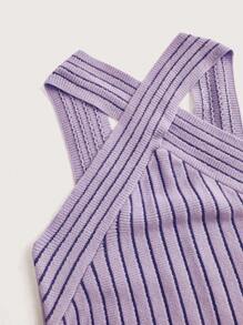 Flirla Plus Size Casual Stripe Halter Knit Blouse, Summer - Purple - View 4