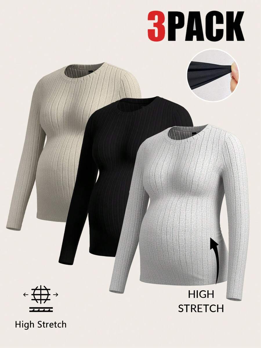 SHEIN 3pcs Maternity Ribbed Knit T-Shirts, Autumn/Winter - Multicolor - View 1