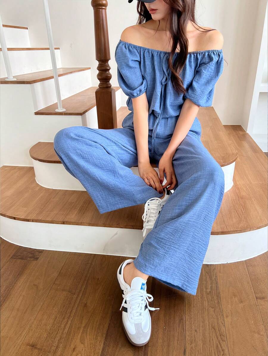 DAZY 女式夏季纯色露肩短款泡泡袖短款上衣和阔腿宽松裤两件套，荷叶边 - 藍色 - 查看 1