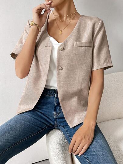 Seusyu 女士纯色仿珍珠装饰前扣短袖口袋简约休闲夹克