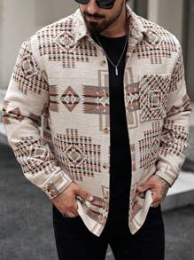 Manfinity RSRT Men's Geometric Pattern Long Sleeve Casual Loose Shacket, Spring Autumn Work Colorful Shacket, For Friends, Husband, Boyfriend Gifts - Khaki - View 3