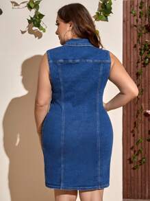 SHEIN VCAY Plus Size Stretch Denim Dress With Front Buttons - Dark Wash - View 2