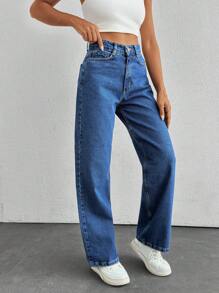 SHEIN PETITE High Waist Wide Leg Jeans - Medium Wash - View 3