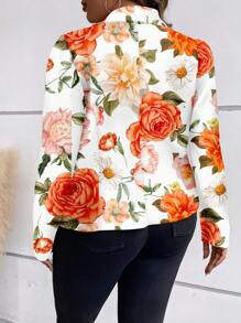 SHEIN Clasi Plus Size Women's Orange Floral Pattern Allover Printed Jacket, Suitable For Autumn Winter Autumn And Winter Fall