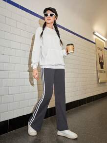 SHEIN Teen Girls Side Stripe Flared Casual Pants - Dark Grey - View 5