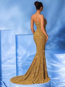 Váy đuôi cá xẻ đùi sequin, váy dạ hội, cho khách dự tiệc cưới, tốt nghiệp, tiệc tối - Vàng - Xem 2