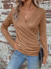 EMERY ROSE Women's Solid Color V-Neck Long Sleeve T-Shirt - Khaki - View 3