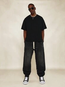 SUMWON Denim Jogger With Panel Detail & Drawstring - Dark Grey - View 3