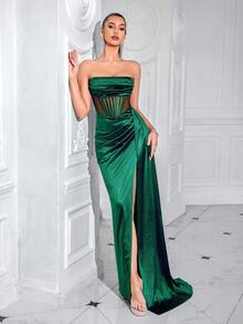 ADYCE Đầm dạ hội dài không dây vai, xếp ly ở eo, thắt lưng, khoét lưng, xẻ tà, chất liệu xuyên thấu, thích hợp cho các buổi tiệc, dạ hội, đám cưới, lễ tốt nghiệp, thanh lịch và duyên dáng. - Màu xanh lá cây đậm - Xem 8