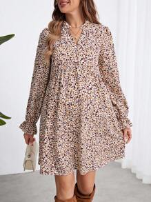 SHEIN Maternity Allover Print Flare Sleeve Smock Dress - Pink - View 7