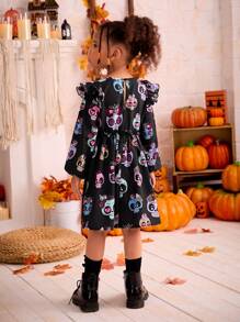 SHEIN Vestido de disfraz con estampado de calavera para niñas y niñas pequeñas, ropa de otoño para niñas, adecuado para uso en Halloween - Multicolor - Ver 5