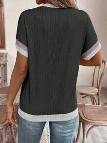 SHEIN LUNE Áo thun cổ tròn tay ngắn màu đơn giản - màu đen - Xem 2