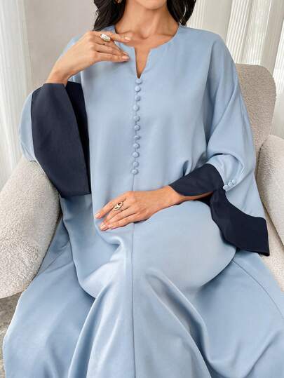 Al Najma Women's V-Neck Contrast Color Flared Sleeve Maxi Arabian Dress, Modest Long Sleeve Elegant Style Full Cover Dress For Casual Daily/Holiday/Evening Parties/Wedding Guest
