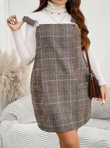 SHEIN LUNE 大码秋季格子可调节肩带休闲连衣长裙、节日派对连衣裙 - 彩色 - 查看 4