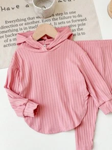 SHEIN 女婴针织弹力纯色连帽上衣和松紧腰裤套装，秋冬 - 粉色 - 查看 7
