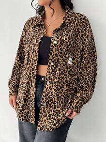 SHEIN EZwear Plus Size Women Leopard Print Letter Drop Shoulder Casual Jacket, Spring Autumn Winter Fall - Multicolor - View 1