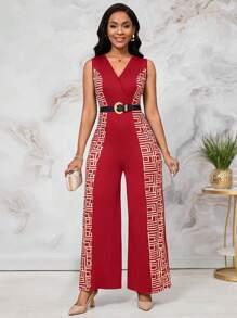 SHEIN Lady Pantalones palazzo de maxi largo sin mangas con color de contraste, corte y empalmado en el cuello para mujeres de estatura alta - Rojo - Ver 6