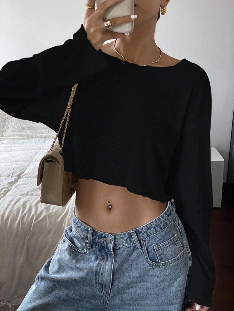 Women Solid Color Black Long Sleeve Cropped Top, Spring And Fall Going Out